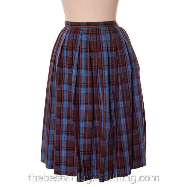 True Vintage 1950s Plaid Skirt Blue Cotton Pleated Shamrock Small