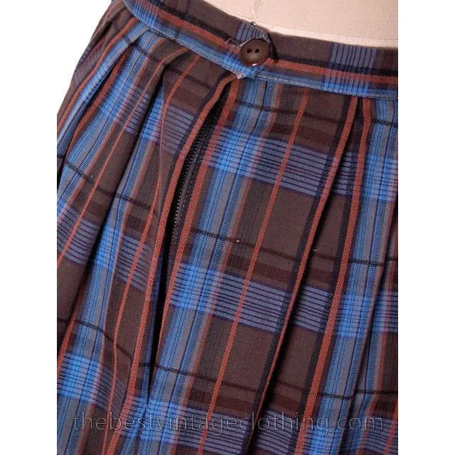 True Vintage 1950s Plaid Skirt Blue Cotton Pleated Shamrock Small