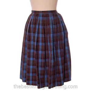 True Vintage 1950s Plaid Skirt Blue Cotton Pleated Shamrock Small