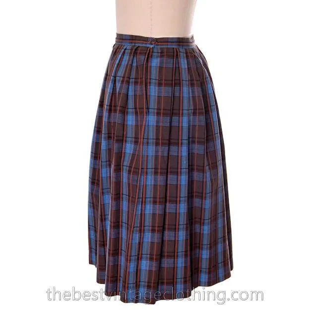 True Vintage 1950s Plaid Skirt Blue Cotton Pleated Shamrock Small