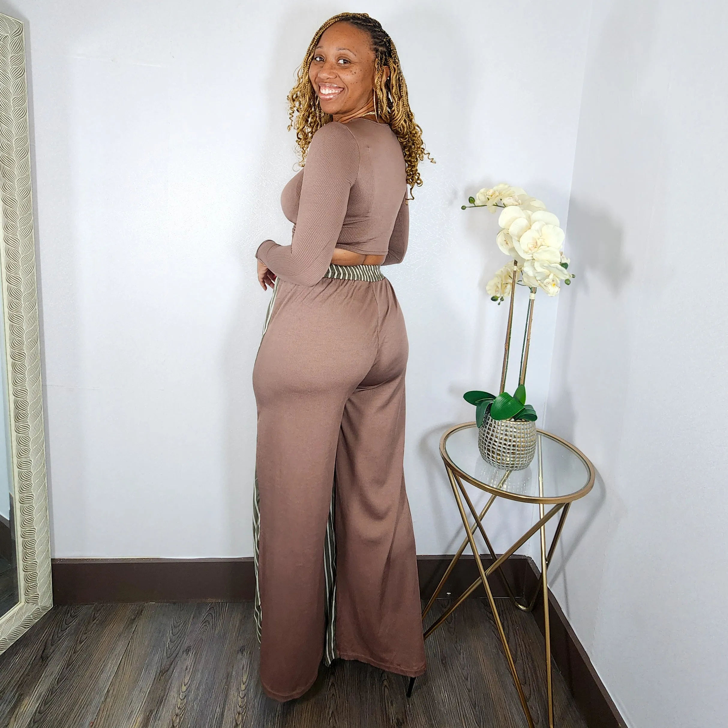 Twisted  | Mid Top & Striped Linen Pant Set - Brown