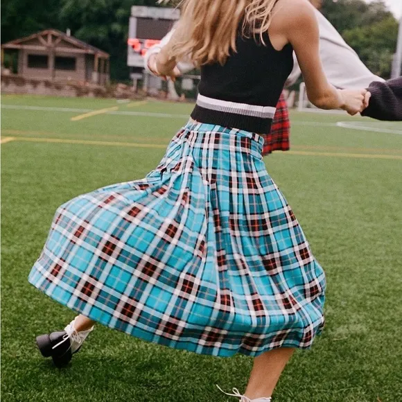 Urban Outfitters BDG Blue Plaid Adley Pleated Midi Skirt