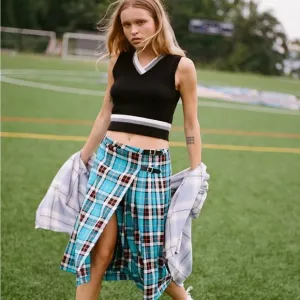 Urban Outfitters BDG Blue Plaid Adley Pleated Midi Skirt