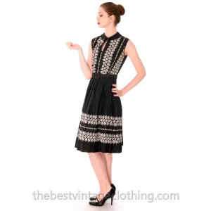Vintage 1950s Day Dress Black Polished Cotton Border White Embroidery Size S-M 38-26-Free