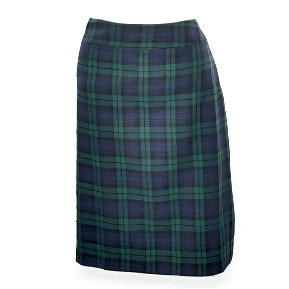 Vintage JNY Green Navy Blue Holiday Christmas Plaid Check Wool Pencil Skirt 8 M