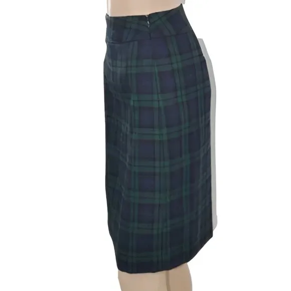 Vintage JNY Green Navy Blue Holiday Christmas Plaid Check Wool Pencil Skirt 8 M