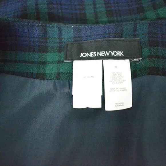 Vintage JNY Green Navy Blue Holiday Christmas Plaid Check Wool Pencil Skirt 8 M