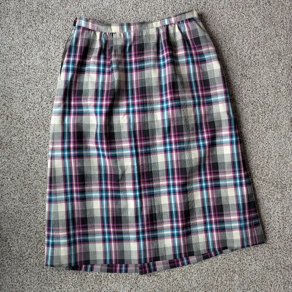 Vintage Pendleton Blue Pink Plaid Wool Pleated Midi Skirt &amp; Shawl 16