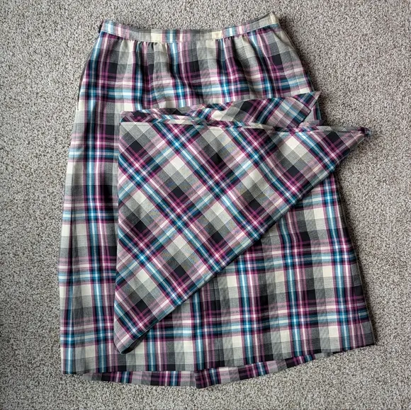 Vintage Pendleton Blue Pink Plaid Wool Pleated Midi Skirt &amp; Shawl 16