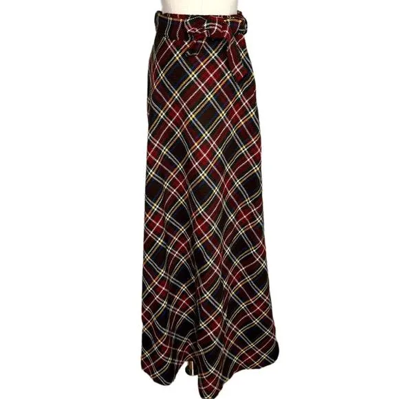 Vintage tartan plaid maxi skirt with sash belt size extra small XS