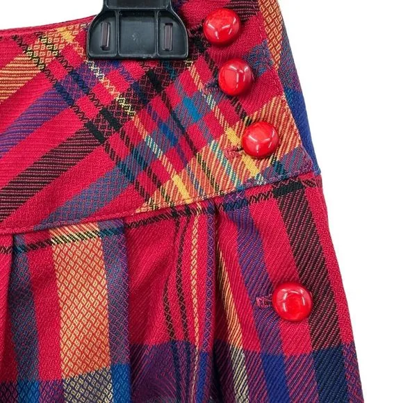 Vintage Wool Blend Midi Skirt 14 Pleated Red Multi Tartan Plaid Rockabilly 70S