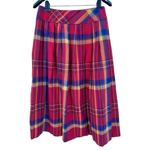 Vintage Wool Blend Midi Skirt 14 Pleated Red Multi Tartan Plaid Rockabilly 70S