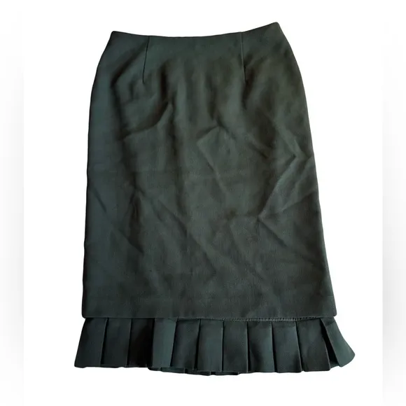 Vintage Y2K Valentino Pencil Skirt, Pleats at Hem, Wool, Dark Green, Size 2
