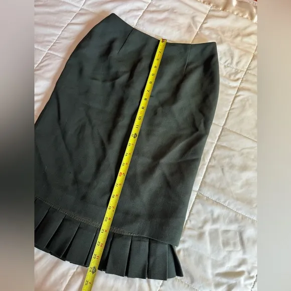 Vintage Y2K Valentino Pencil Skirt, Pleats at Hem, Wool, Dark Green, Size 2
