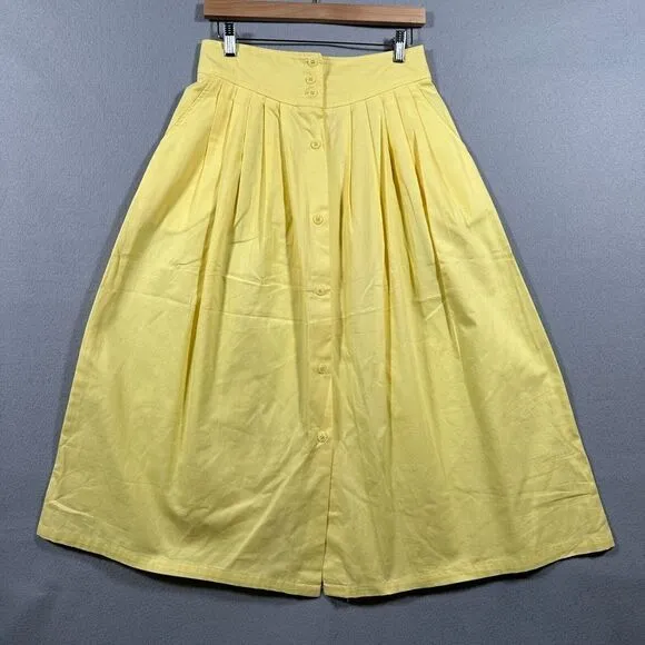 Vintage Yellow Midi Skirt Pleated Button Front Peddlersport Adjustable Sz Small