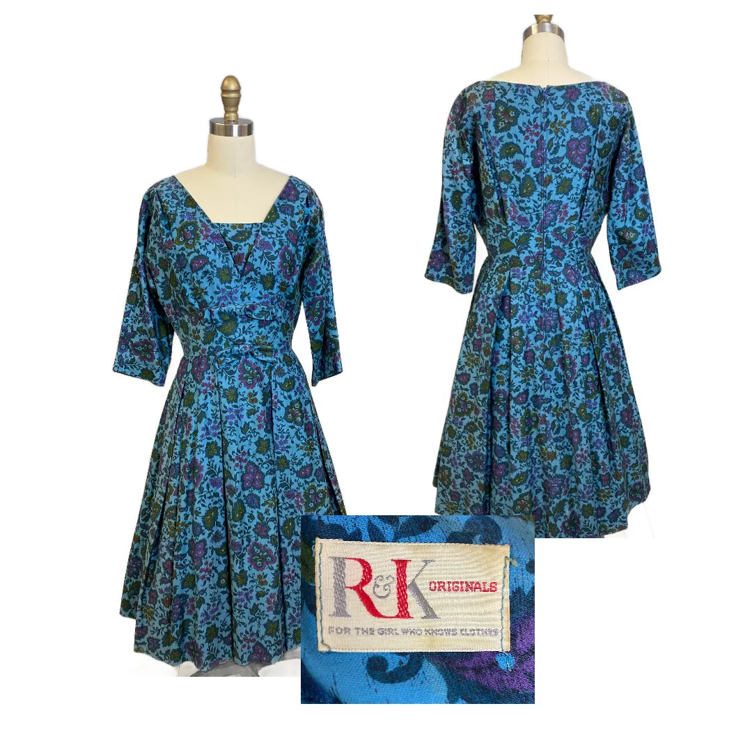 VTG R&K Original Dress 50s Polished Cotton Day/Party Blue Floral M/L Wide Waist
