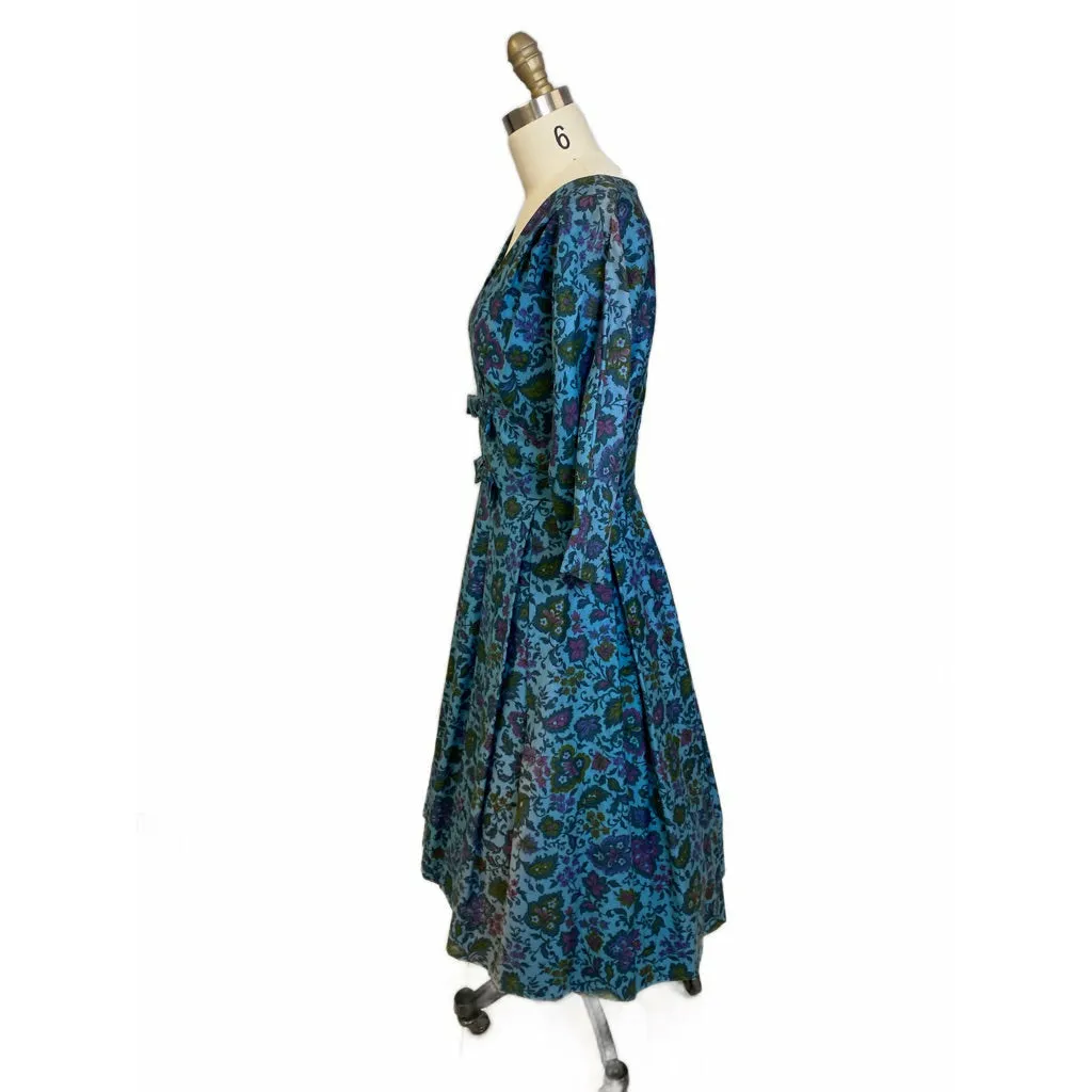 VTG R&K Original Dress 50s Polished Cotton Day/Party Blue Floral M/L Wide Waist