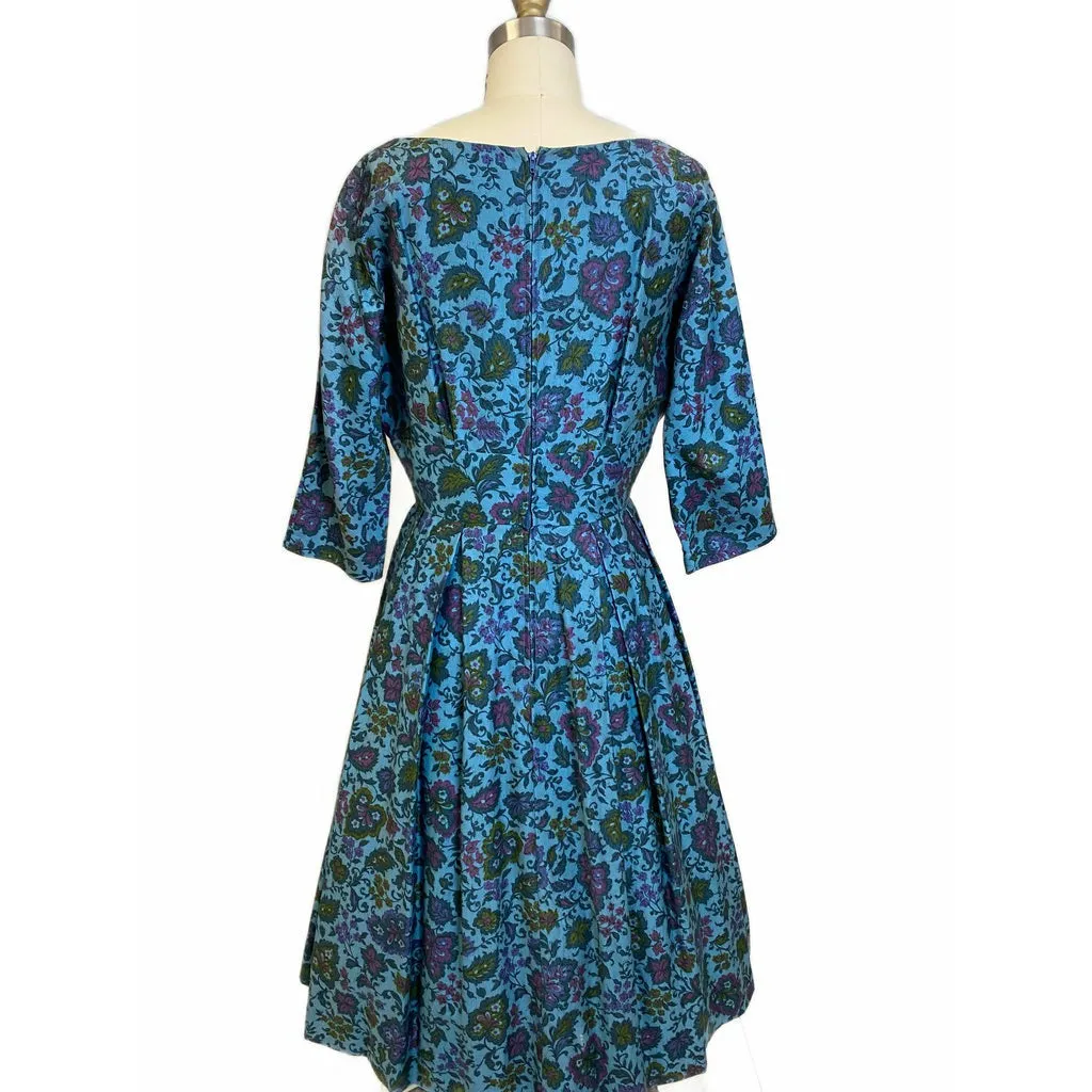 VTG R&K Original Dress 50s Polished Cotton Day/Party Blue Floral M/L Wide Waist