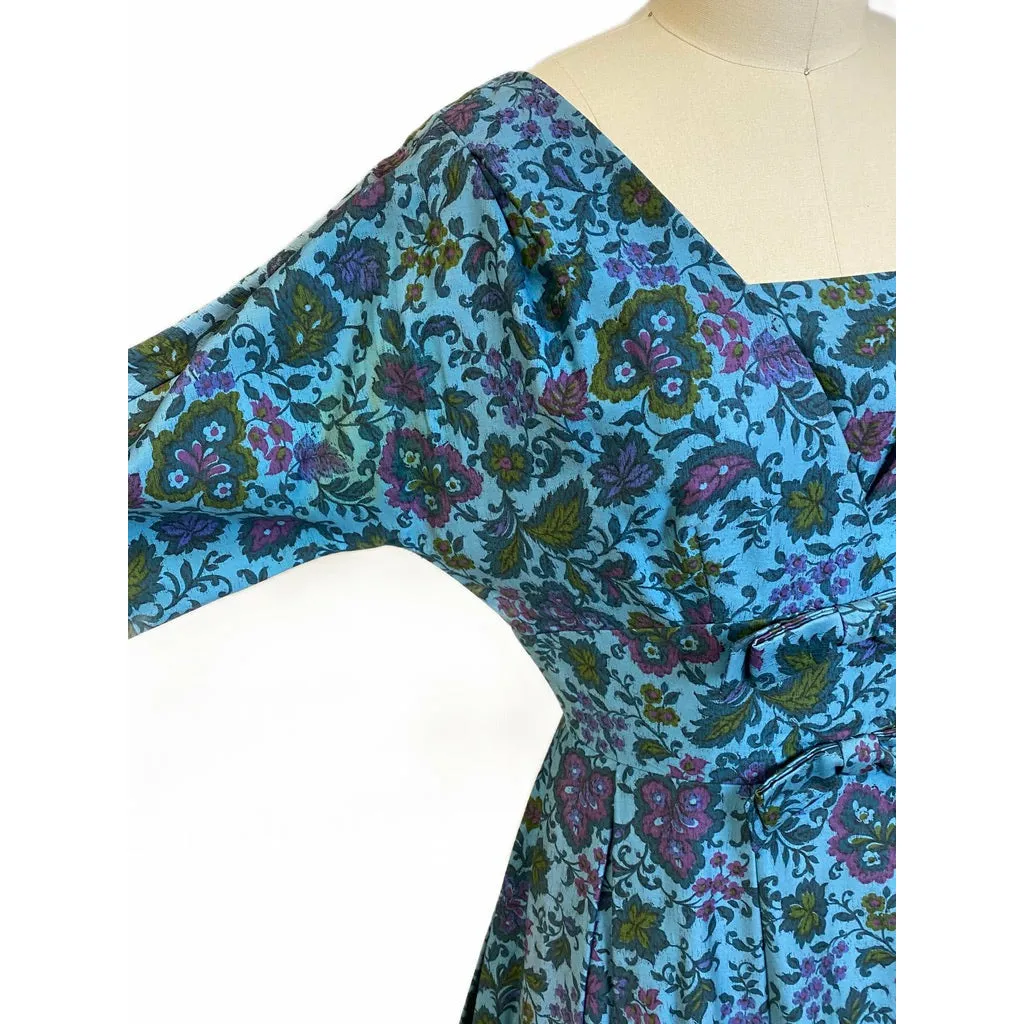 VTG R&K Original Dress 50s Polished Cotton Day/Party Blue Floral M/L Wide Waist