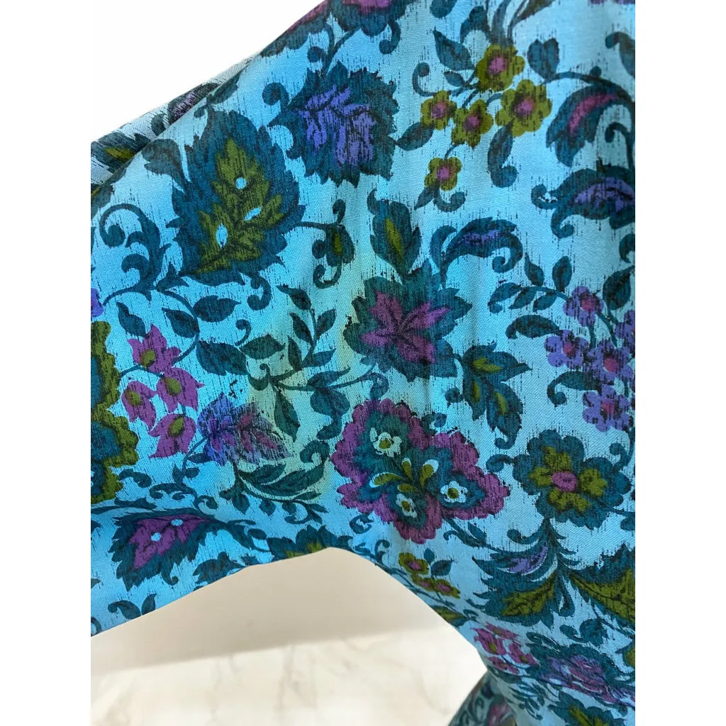 VTG R&K Original Dress 50s Polished Cotton Day/Party Blue Floral M/L Wide Waist