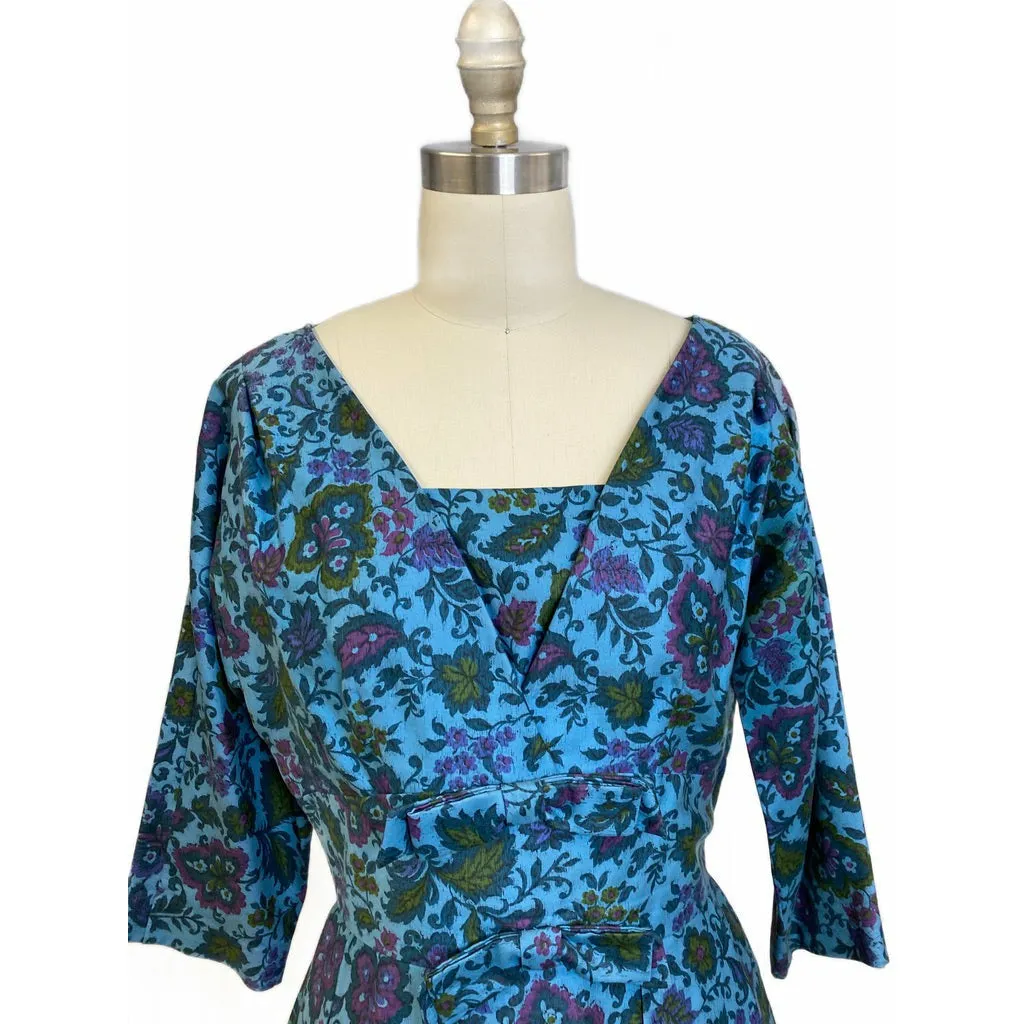 VTG R&K Original Dress 50s Polished Cotton Day/Party Blue Floral M/L Wide Waist