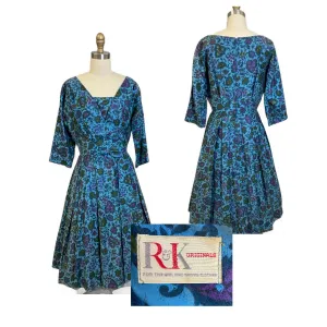 VTG R&K Original Dress 50s Polished Cotton Day/Party Blue Floral M/L Wide Waist