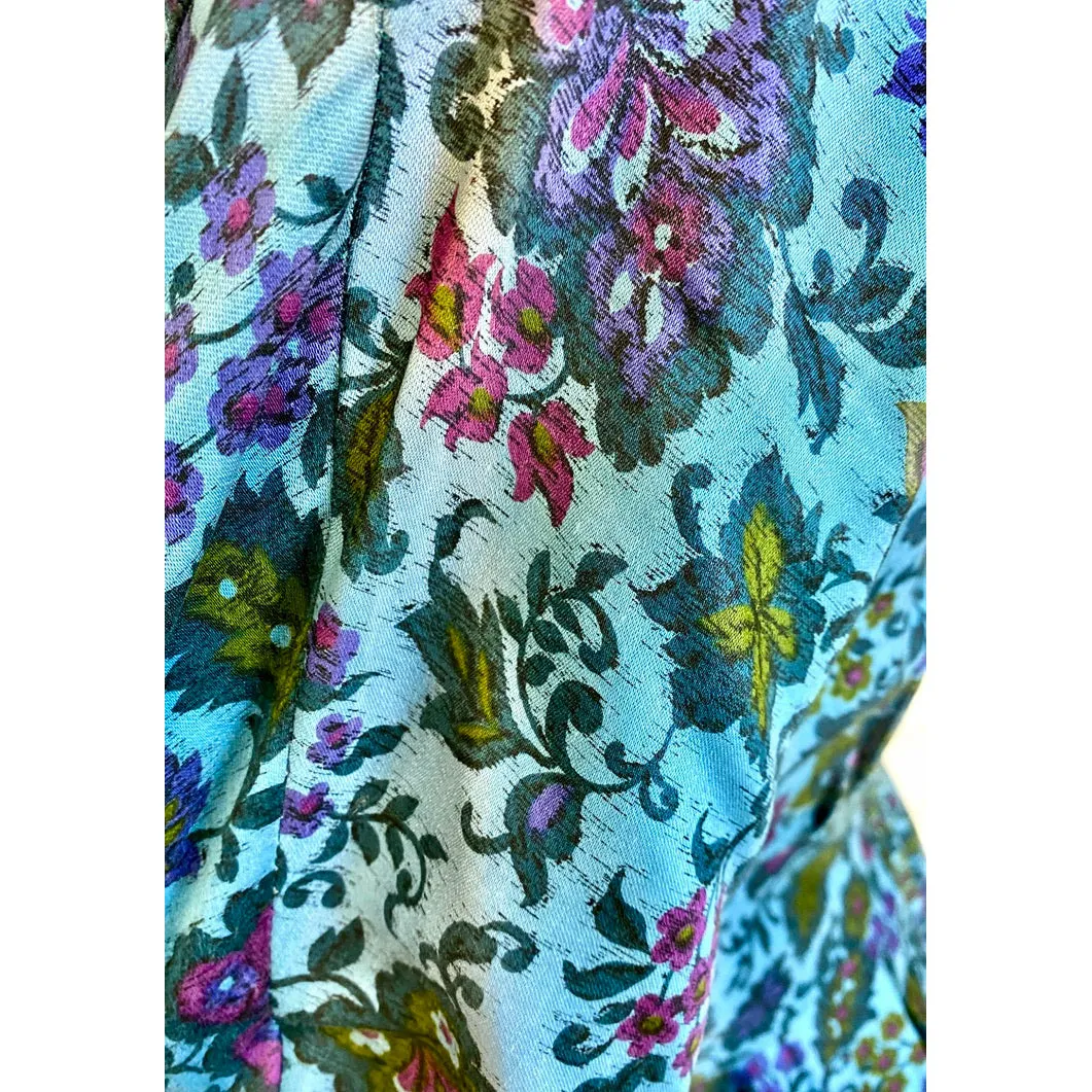 VTG R&K Original Dress 50s Polished Cotton Day/Party Blue Floral M/L Wide Waist