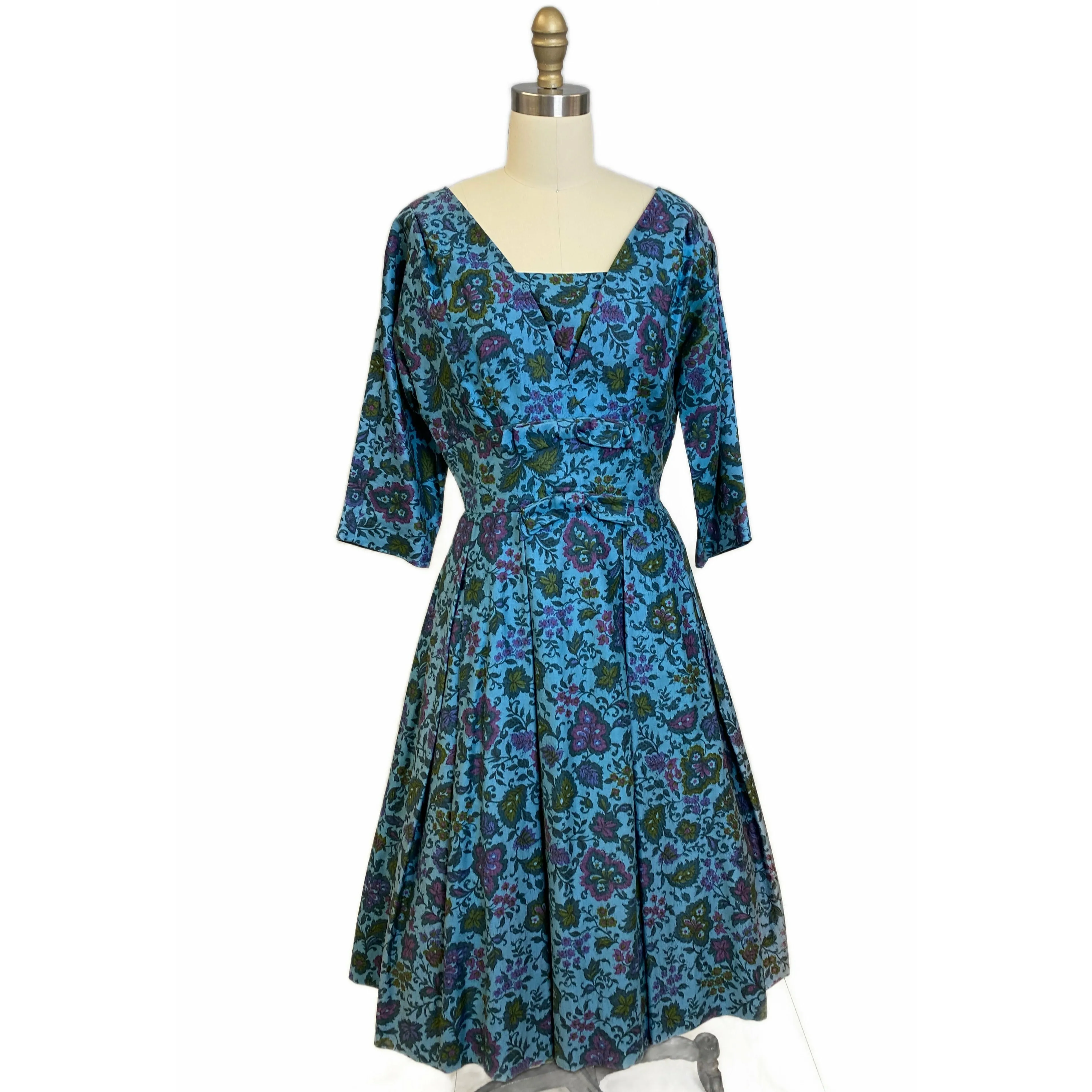 VTG R&K Original Dress 50s Polished Cotton Day/Party Blue Floral M/L Wide Waist