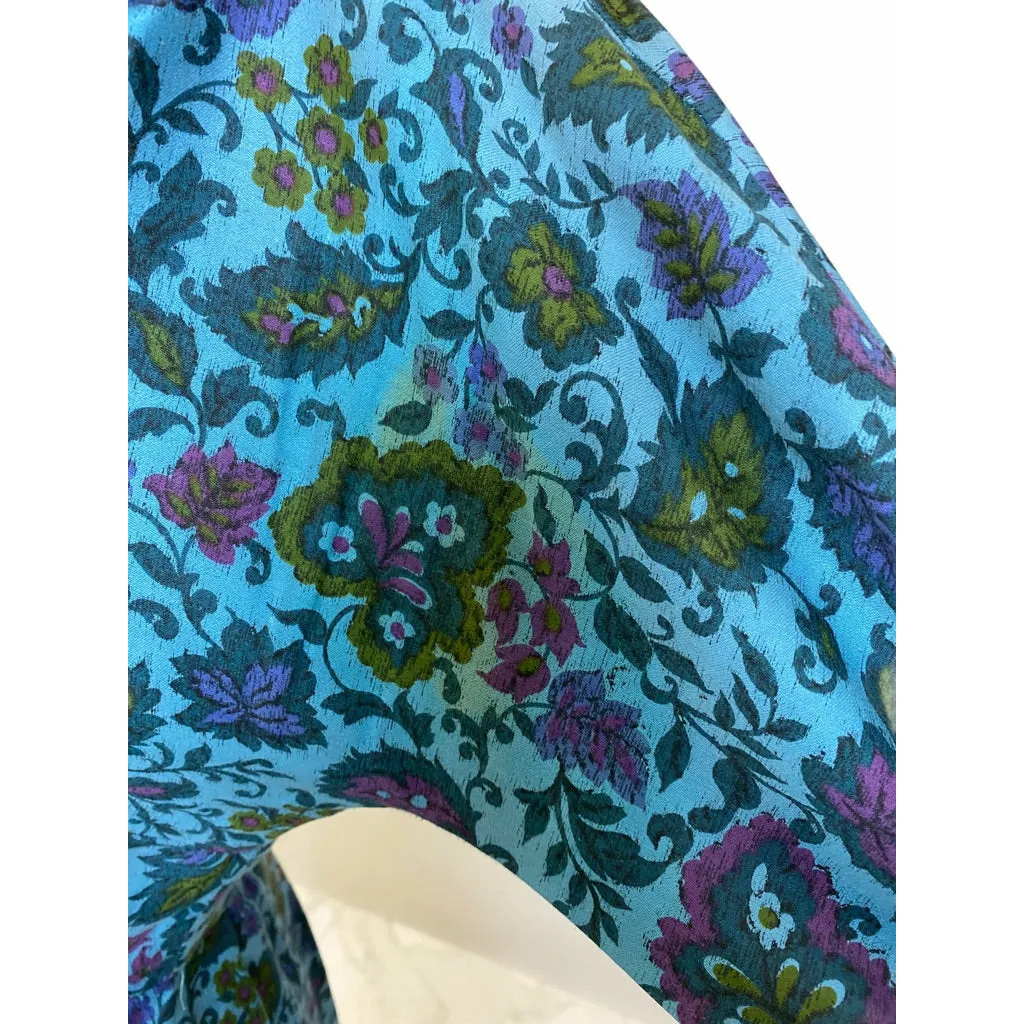 VTG R&K Original Dress 50s Polished Cotton Day/Party Blue Floral M/L Wide Waist