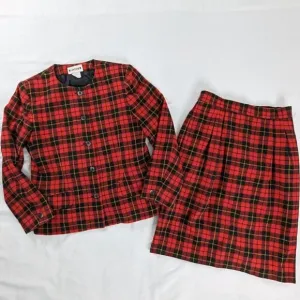VTG Two Piece Red and Black Tartan Plaid Blazer And Skirt Set