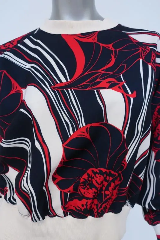Warm Top Navy/Red Floral Print Stretch Polyester Size 1 Crewneck Pullover