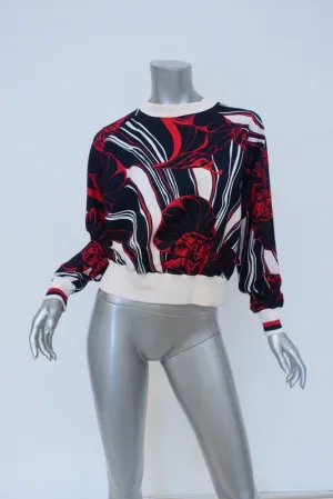 Warm Top Navy/Red Floral Print Stretch Polyester Size 1 Crewneck Pullover