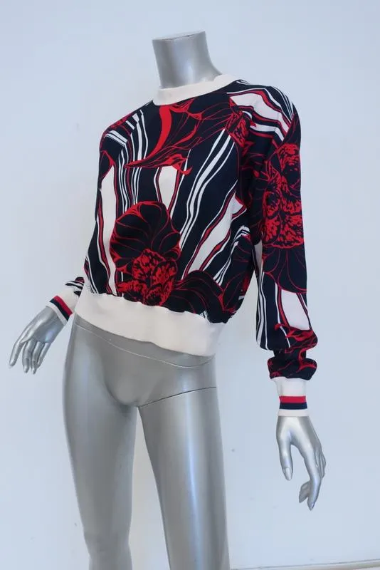 Warm Top Navy/Red Floral Print Stretch Polyester Size 1 Crewneck Pullover