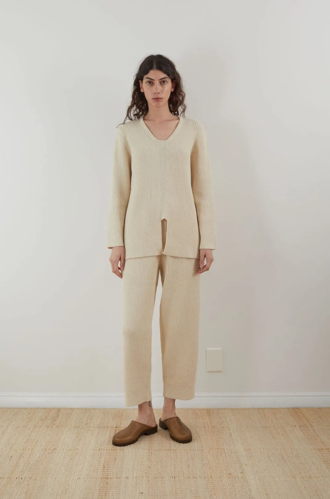 Wol Hide Rib Wide Leg Pant in Ecru