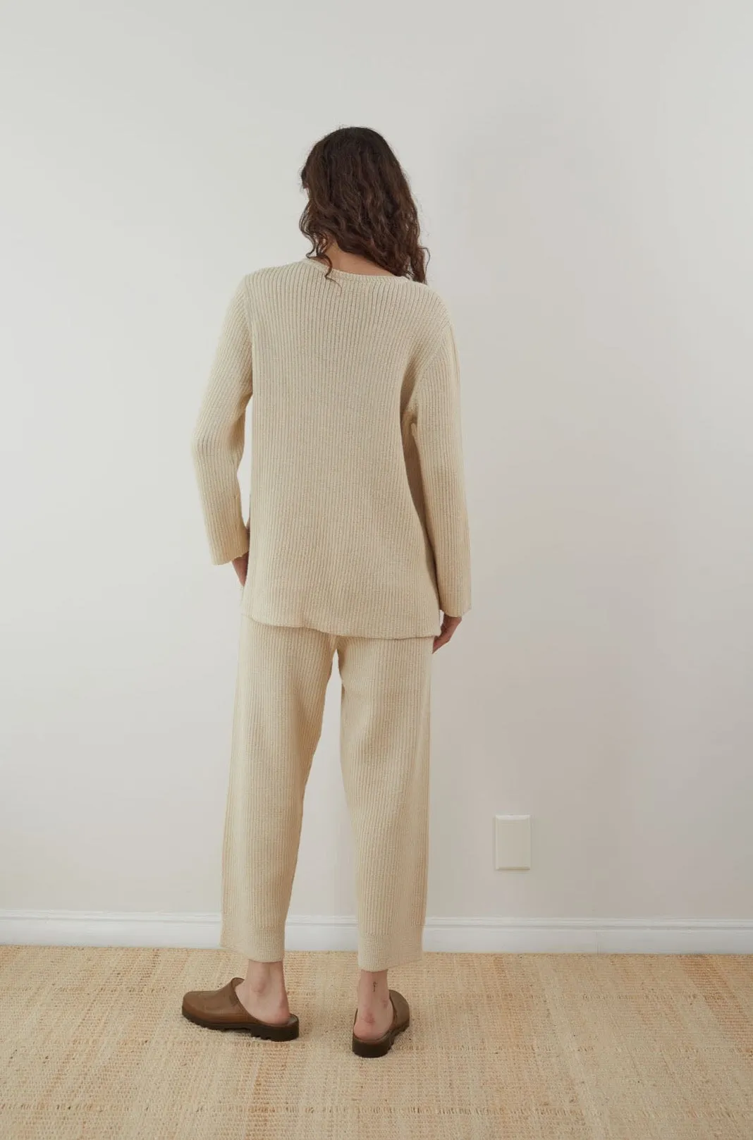 Wol Hide Rib Wide Leg Pant in Ecru