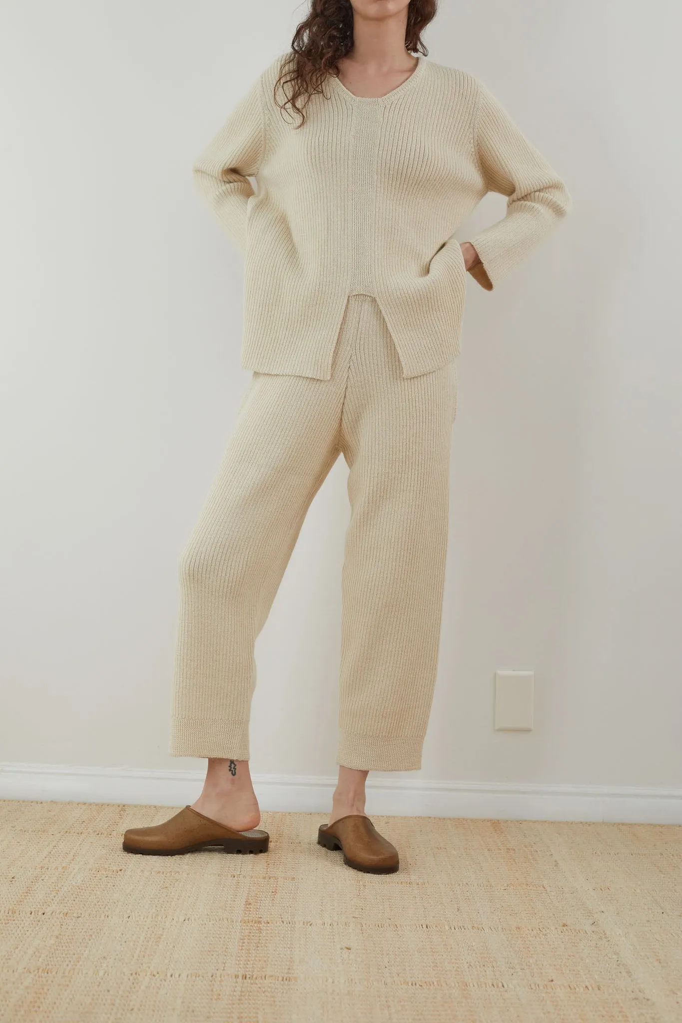 Wol Hide Rib Wide Leg Pant in Ecru