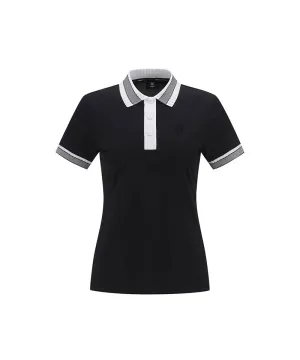 Women Collar Color Block Short T- Shirt - Black