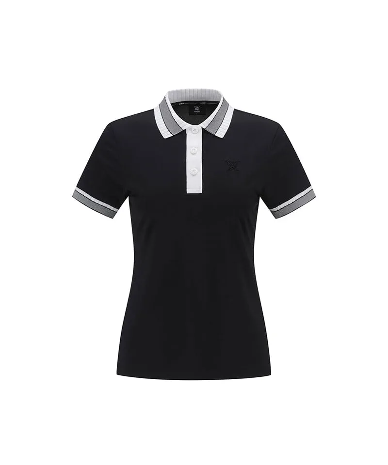 Women Collar Color Block Short T- Shirt - Black