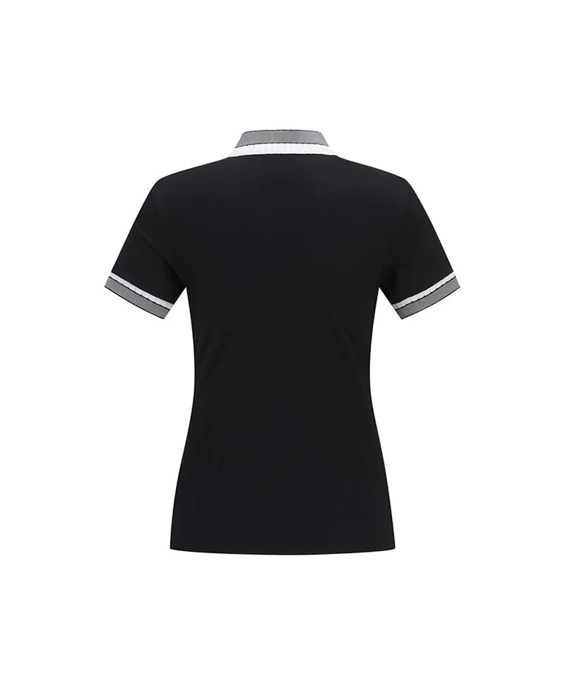 Women Collar Color Block Short T- Shirt - Black