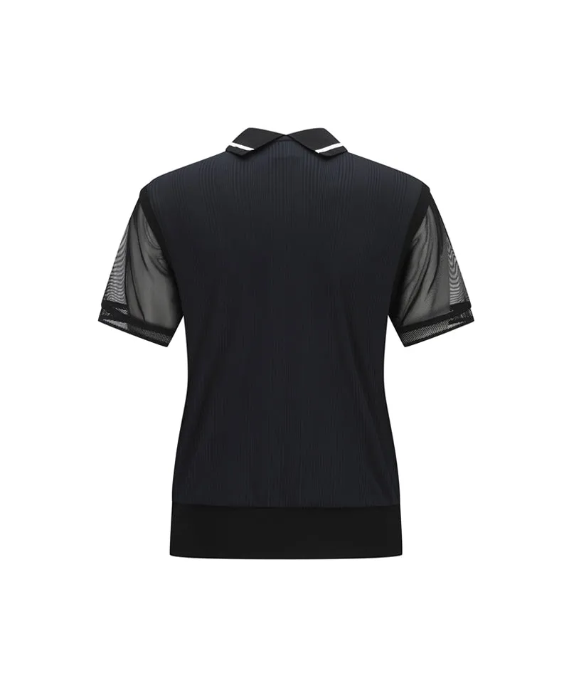 Women Shoulder Mesh Point Short T-Shirt - Black