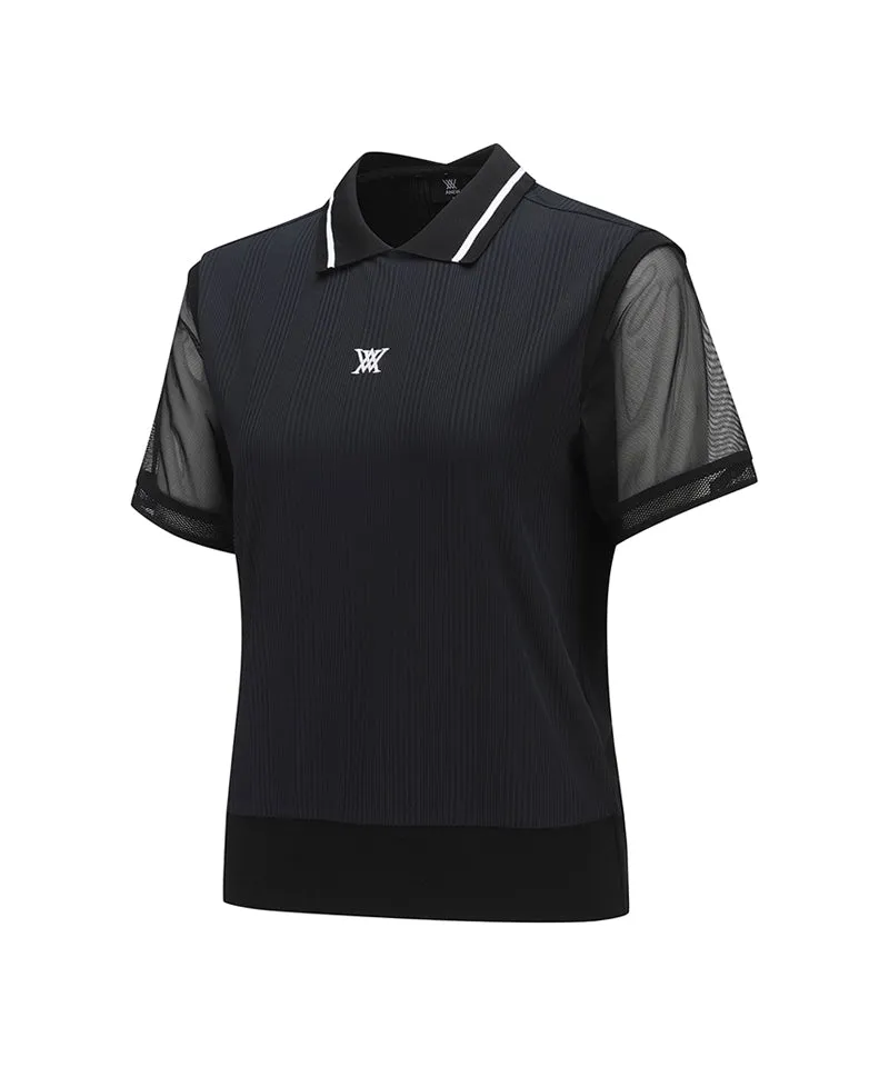 Women Shoulder Mesh Point Short T-Shirt - Black