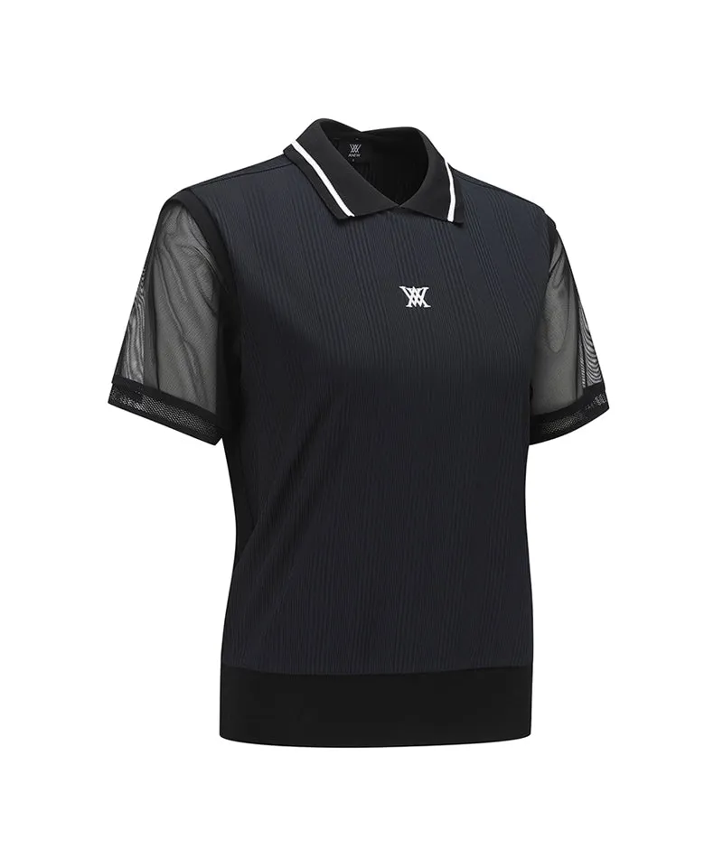 Women Shoulder Mesh Point Short T-Shirt - Black