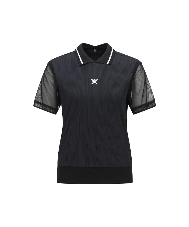 Women Shoulder Mesh Point Short T-Shirt - Black