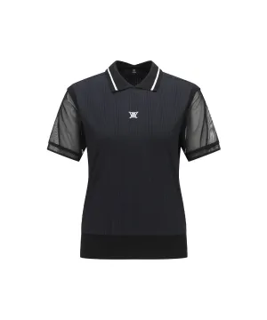 Women Shoulder Mesh Point Short T-Shirt - Black