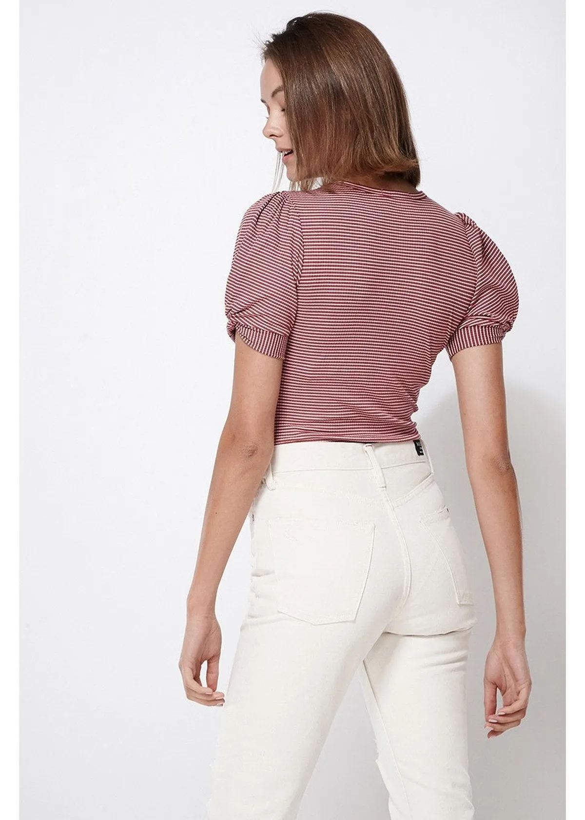 Women's Gathered Short Sleeve Stripe Knit Top In Brick Cream