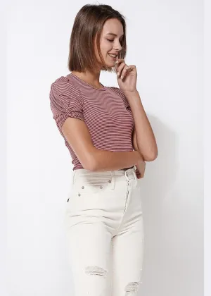 Women's Gathered Short Sleeve Stripe Knit Top In Brick Cream
