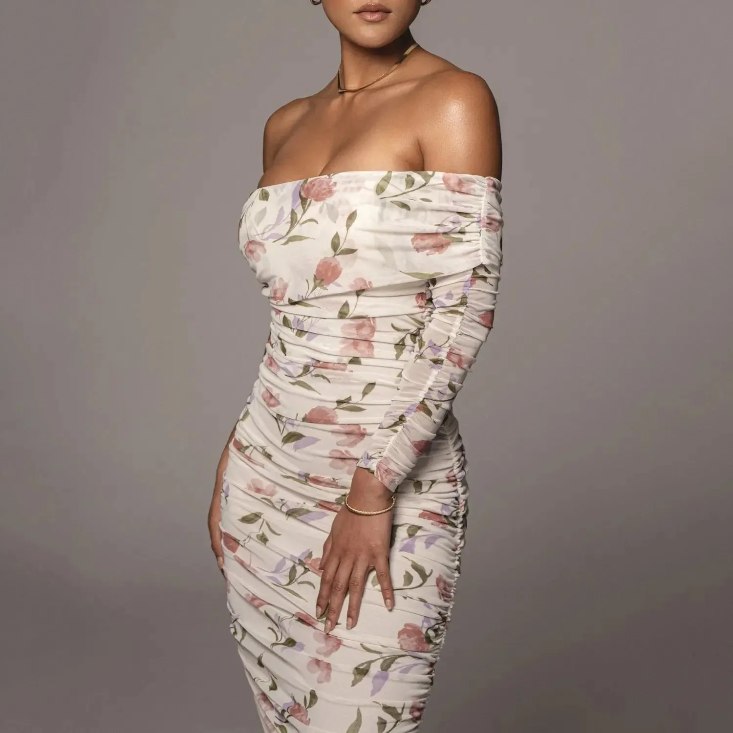 Women's Sexy Printed Off-the-shoulder Split Pleated Midi Skirt