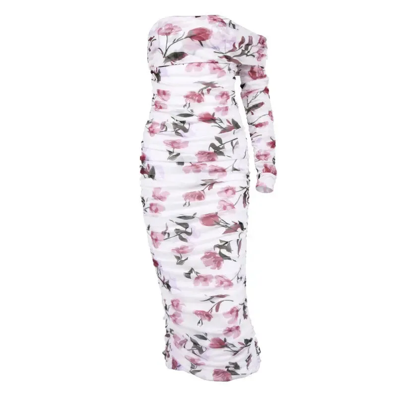 Women's Sexy Printed Off-the-shoulder Split Pleated Midi Skirt