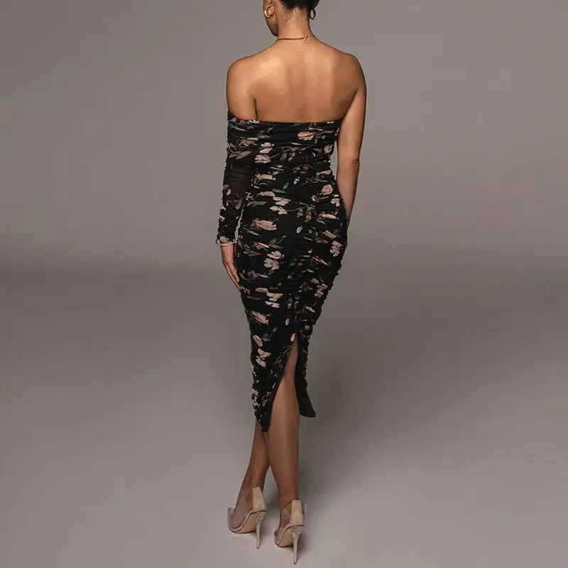 Women's Sexy Printed Off-the-shoulder Split Pleated Midi Skirt