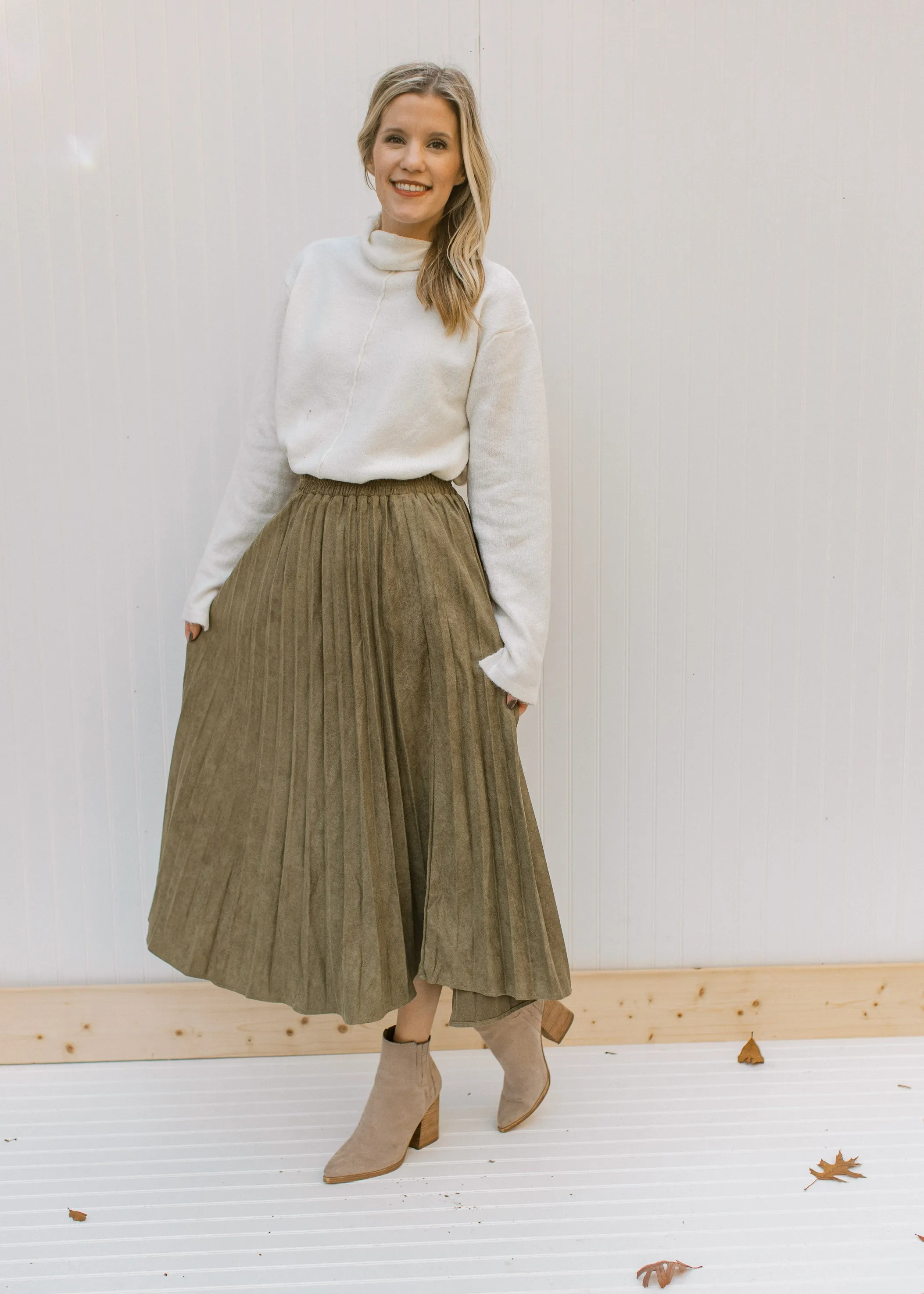 X Pleated Olive Skirt